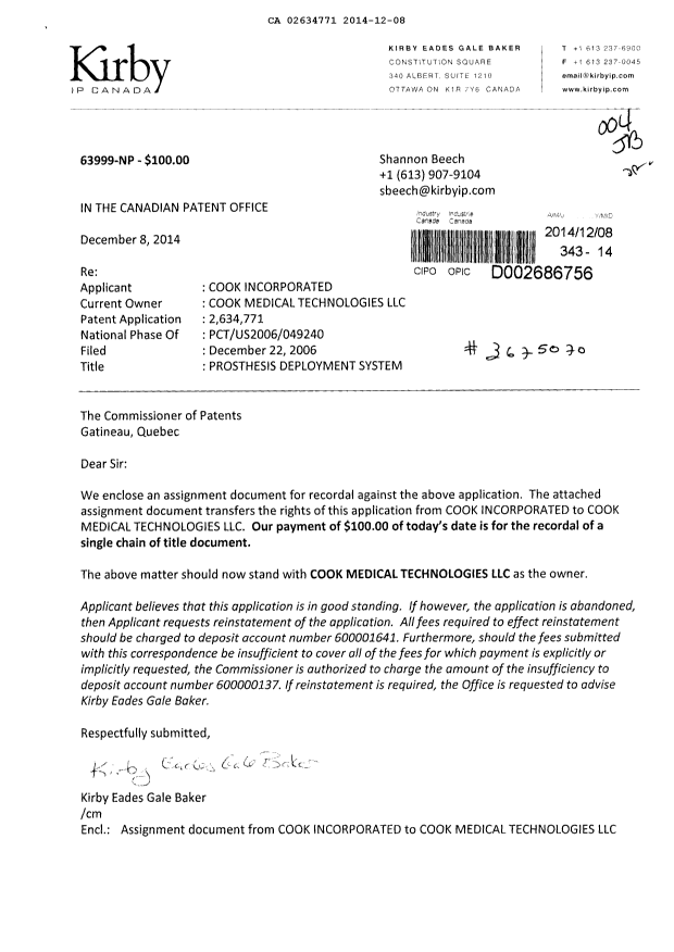 Document de brevet canadien 2634771. Cession 20141208. Image 1 de 4