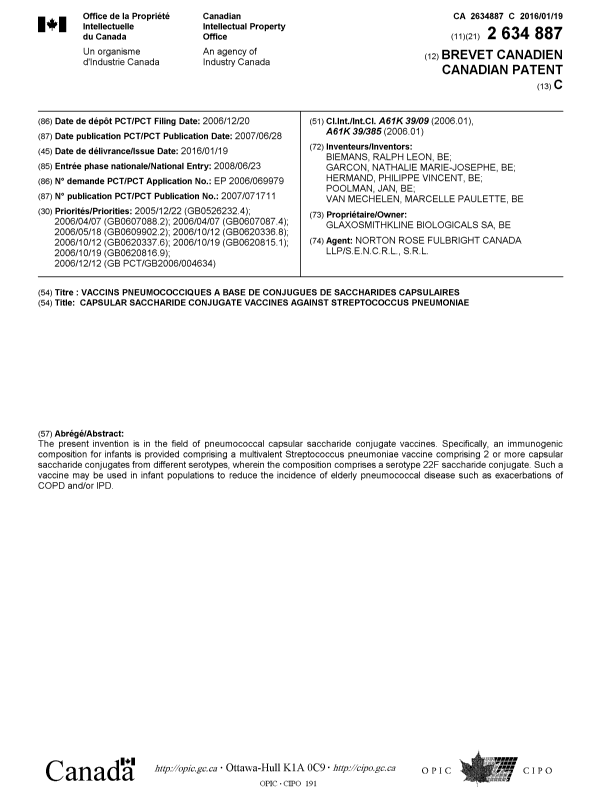 Canadian Patent Document 2634887. Cover Page 20151222. Image 1 of 1