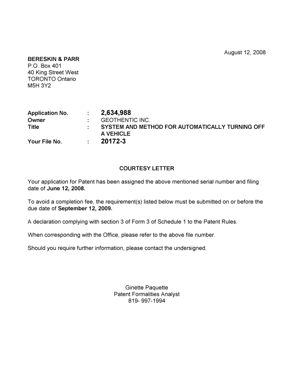 Document de brevet canadien 2634988. Correspondance 20071205. Image 1 de 1