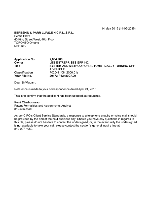 Document de brevet canadien 2634988. Correspondance 20141214. Image 1 de 1