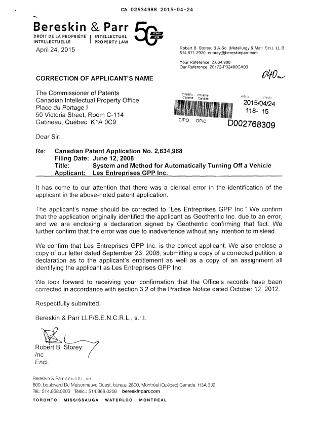 Canadian Patent Document 2634988. Correspondence 20141224. Image 1 of 2