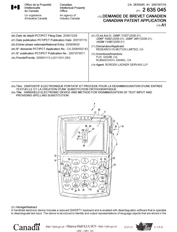 Document de brevet canadien 2635045. Page couverture 20081020. Image 1 de 2