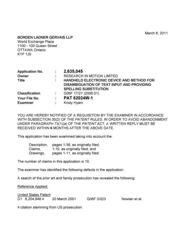 Document de brevet canadien 2635045. Poursuite-Amendment 20110308. Image 1 de 3