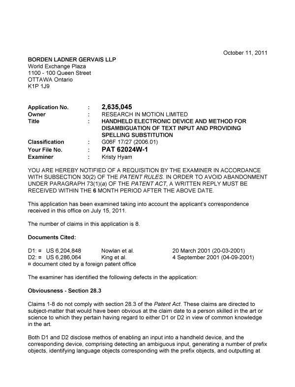 Document de brevet canadien 2635045. Poursuite-Amendment 20111011. Image 1 de 2