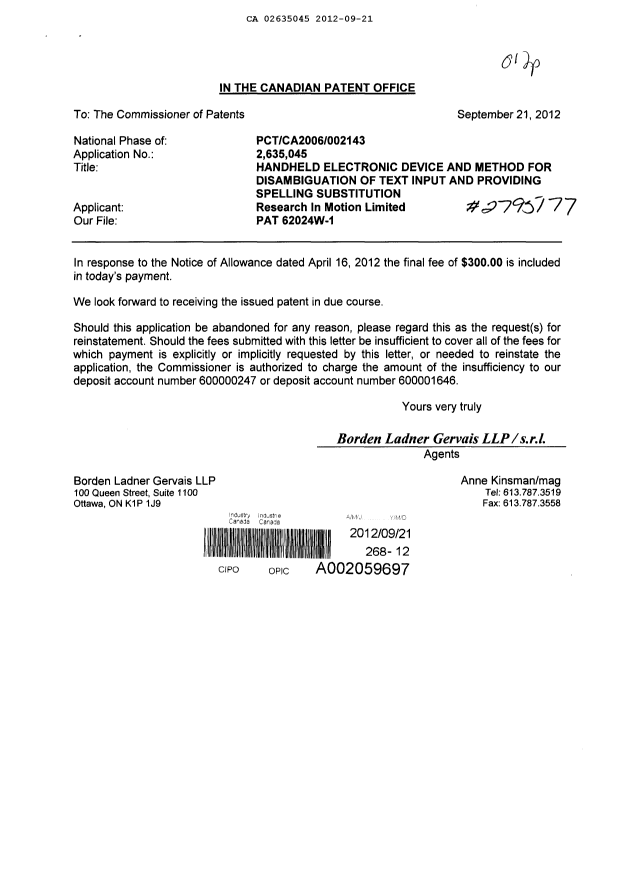 Document de brevet canadien 2635045. Correspondance 20120921. Image 1 de 1