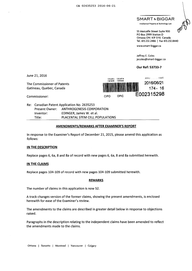 Canadian Patent Document 2635253. Amendment 20160621. Image 1 of 20