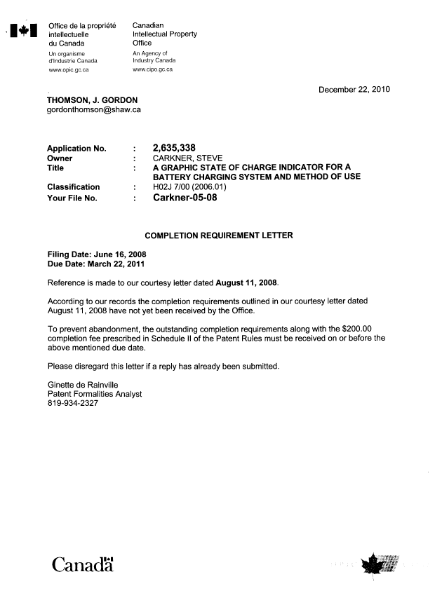 Canadian Patent Document 2635338. Correspondence 20091222. Image 1 of 2