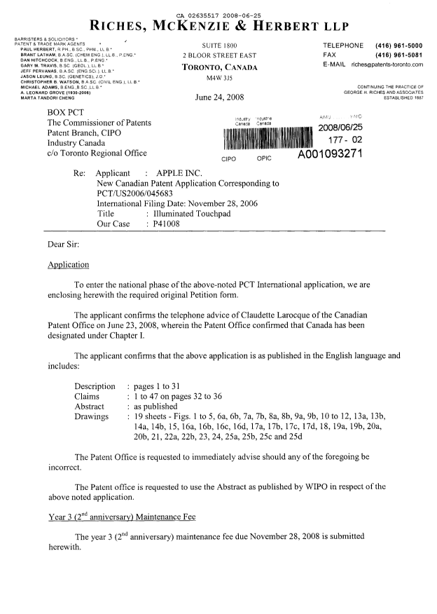 Canadian Patent Document 2635517. Assignment 20080625. Image 1 of 5