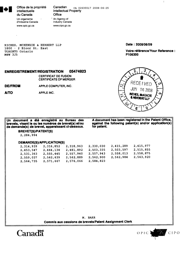 Canadian Patent Document 2635517. Assignment 20080625. Image 5 of 5