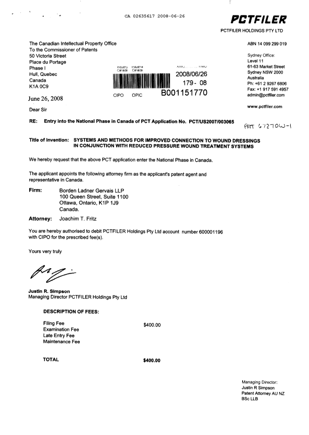 Document de brevet canadien 2635617. Cession 20080626. Image 1 de 2