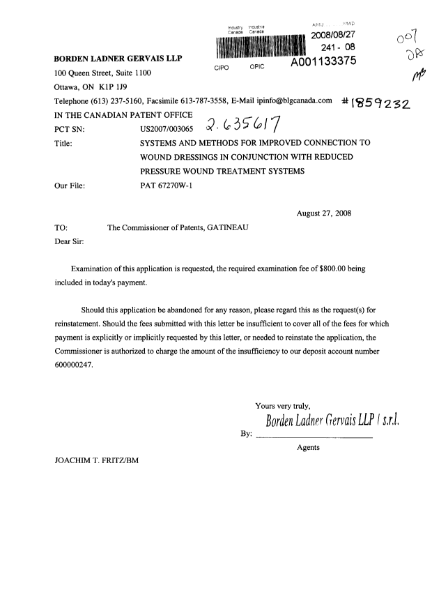 Document de brevet canadien 2635617. Poursuite-Amendment 20080827. Image 1 de 1