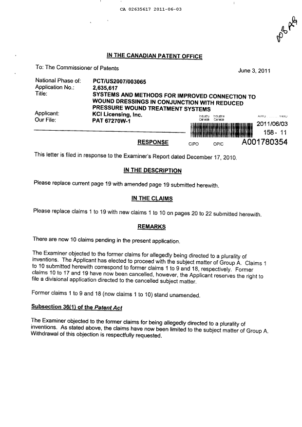 Canadian Patent Document 2635617. Prosecution-Amendment 20110603. Image 1 of 9