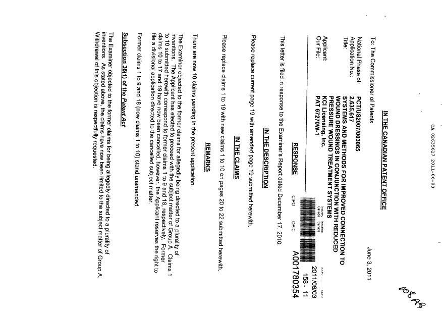 Canadian Patent Document 2635617. Prosecution-Amendment 20110603. Image 1 of 9