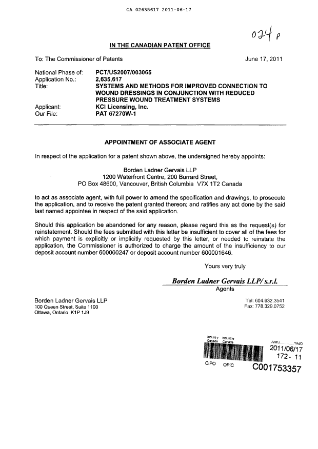 Document de brevet canadien 2635617. Correspondance 20110617. Image 1 de 1