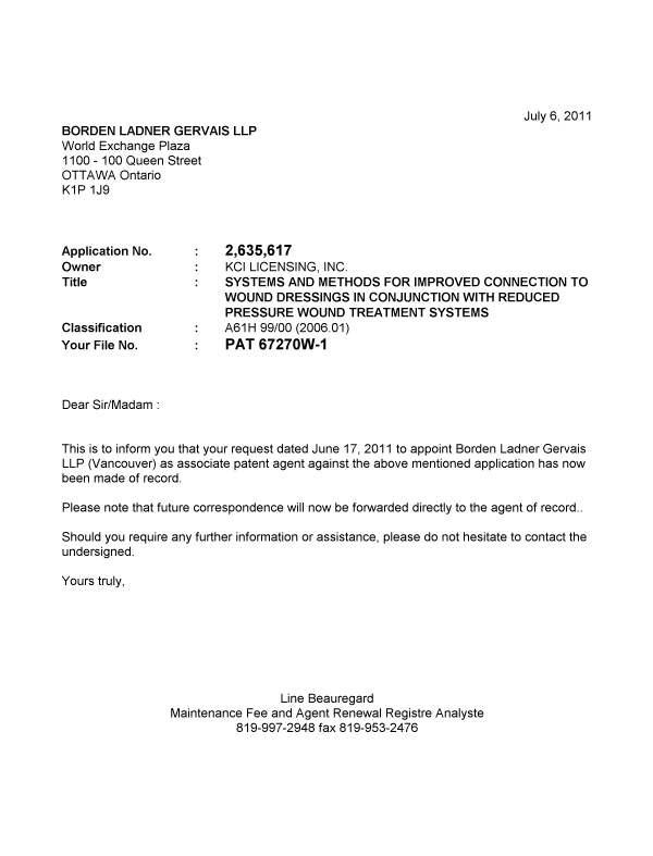 Document de brevet canadien 2635617. Correspondance 20110706. Image 1 de 1