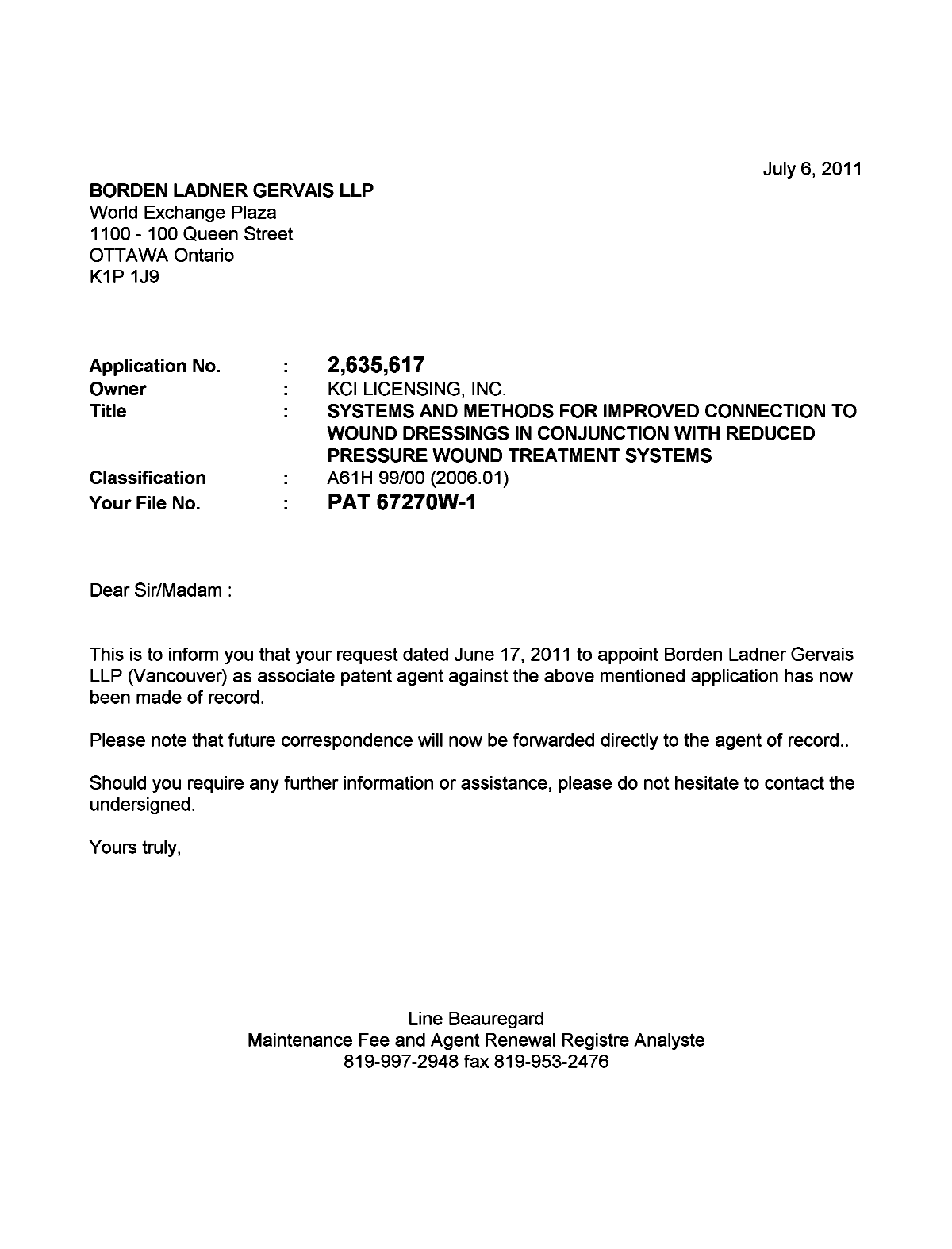 Canadian Patent Document 2635617. Correspondence 20110706. Image 1 of 1