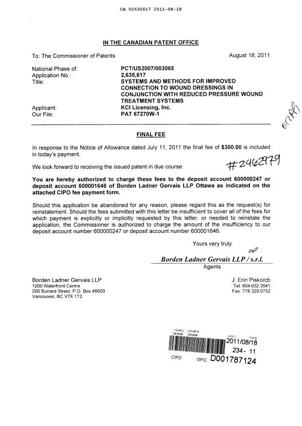 Canadian Patent Document 2635617. Correspondence 20110818. Image 1 of 1