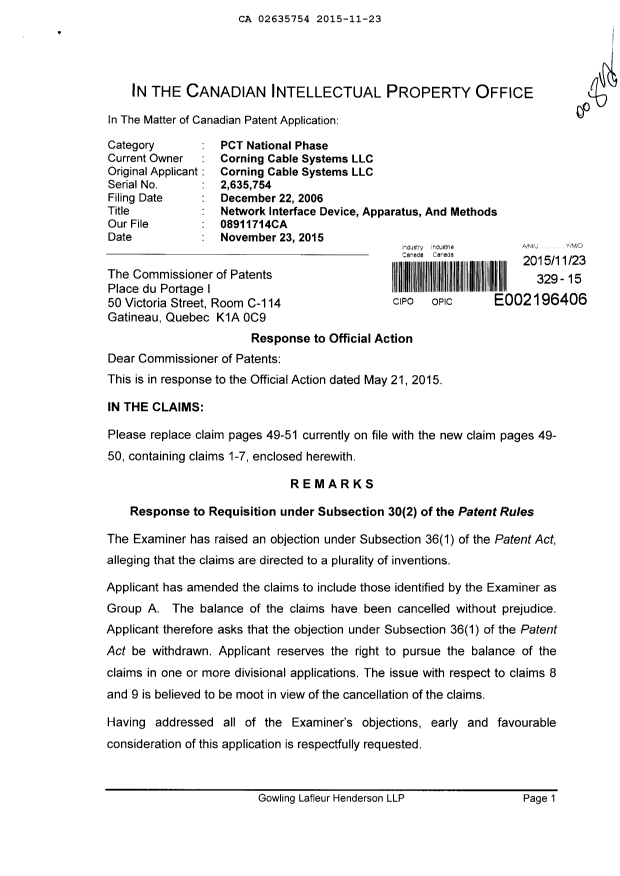 Canadian Patent Document 2635754. Prosecution-Amendment 20141223. Image 1 of 4