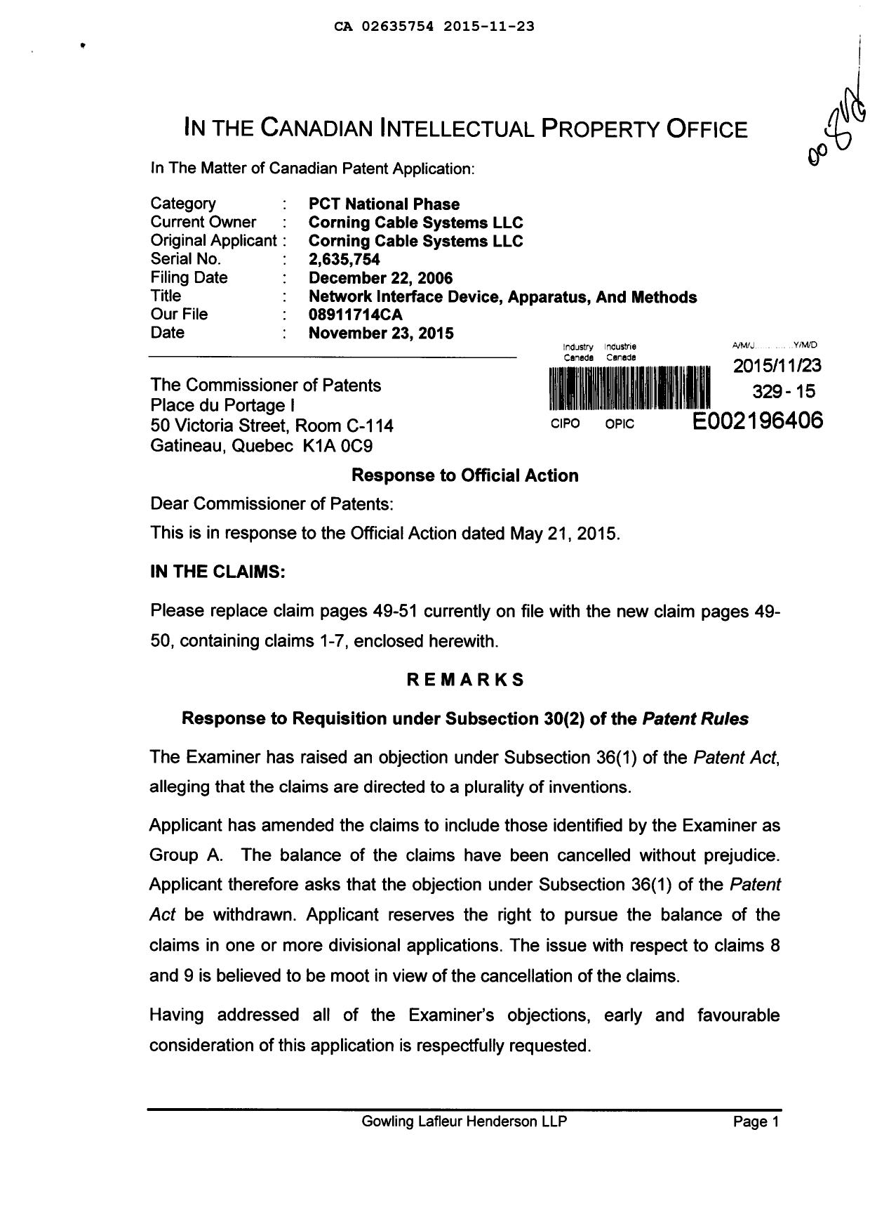 Document de brevet canadien 2635754. Poursuite-Amendment 20141223. Image 1 de 4