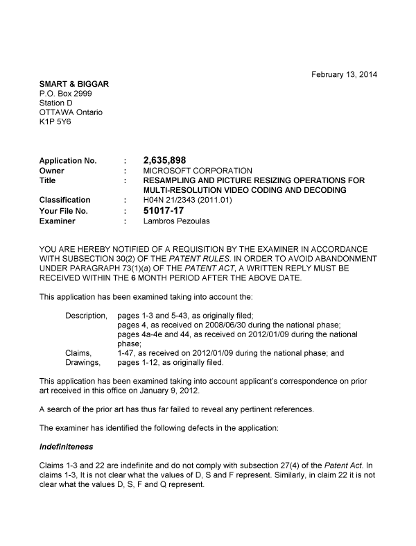 Canadian Patent Document 2635898. Prosecution-Amendment 20140213. Image 1 of 2