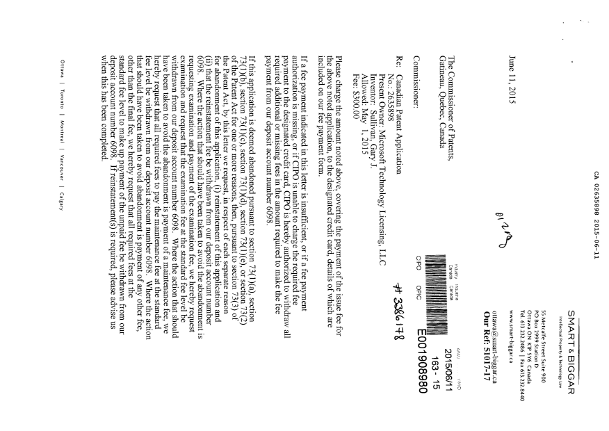 Canadian Patent Document 2635898. Final Fee 20150611. Image 1 of 2