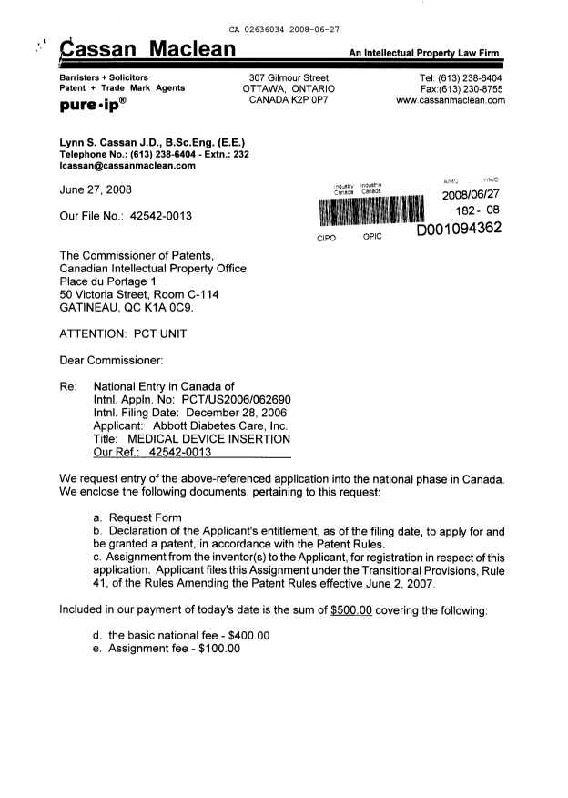 Document de brevet canadien 2636034. Cession 20080627. Image 1 de 17