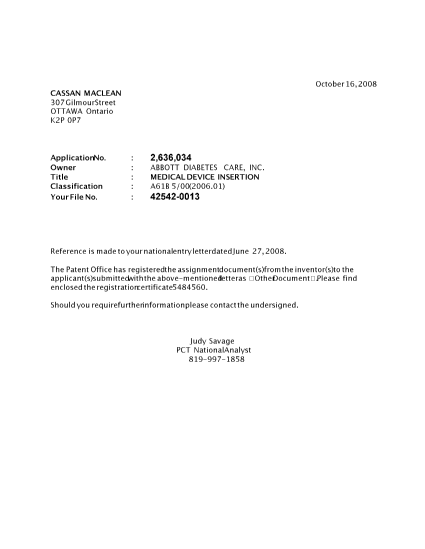 Document de brevet canadien 2636034. Correspondance 20081015. Image 1 de 1