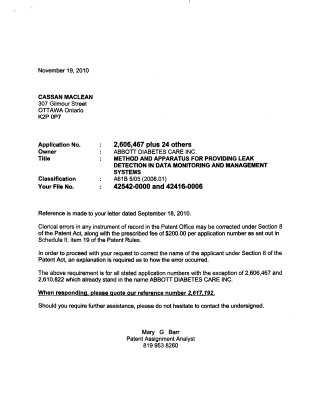 Document de brevet canadien 2636034. Correspondance 20101119. Image 1 de 5