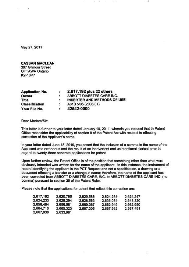 Document de brevet canadien 2636034. Correspondance 20110527. Image 1 de 4