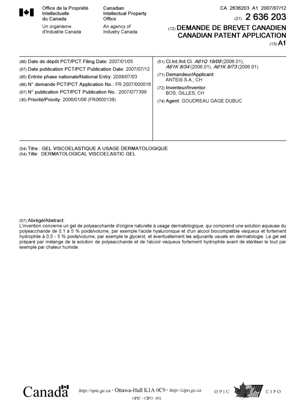 Canadian Patent Document 2636203. Cover Page 20081027. Image 1 of 1