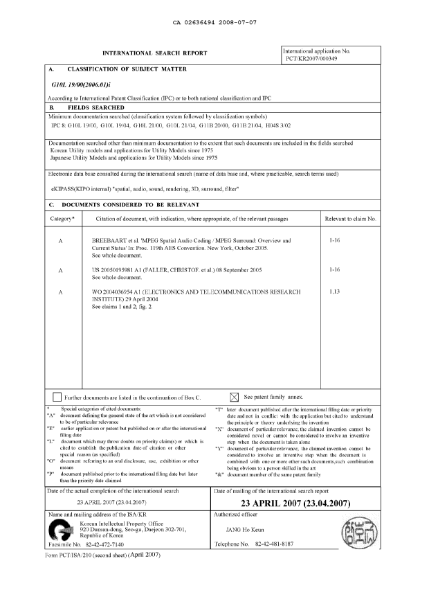Document de brevet canadien 2636494. PCT 20080707. Image 1 de 2