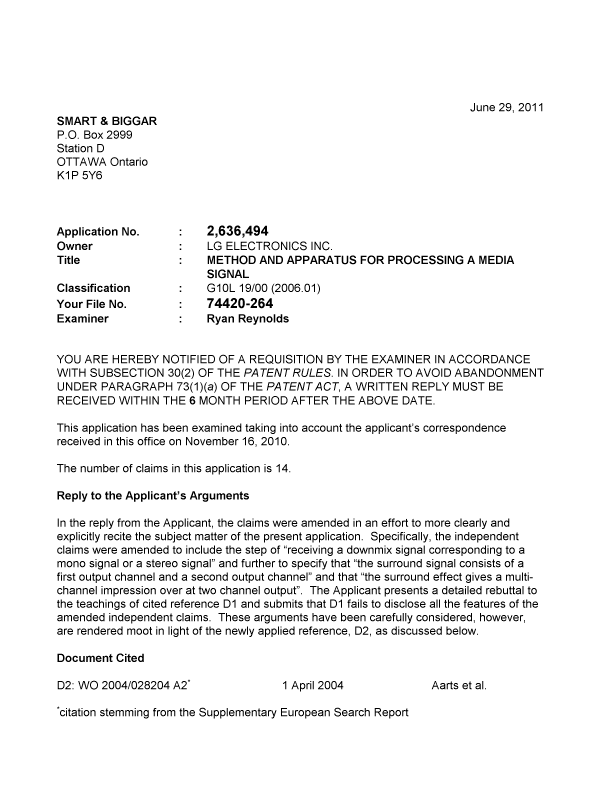 Document de brevet canadien 2636494. Poursuite-Amendment 20110629. Image 1 de 3