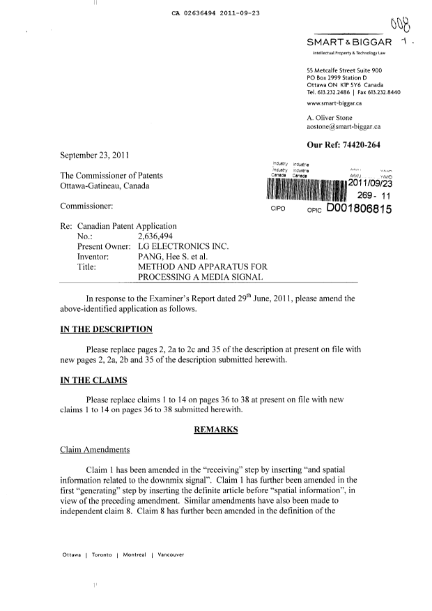 Document de brevet canadien 2636494. Poursuite-Amendment 20110923. Image 1 de 11