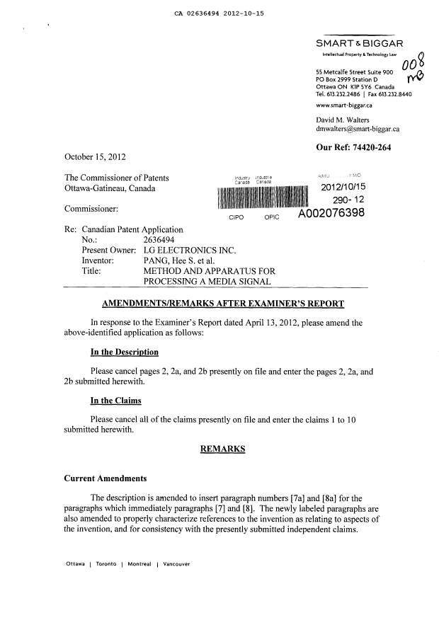 Document de brevet canadien 2636494. Poursuite-Amendment 20121015. Image 1 de 14