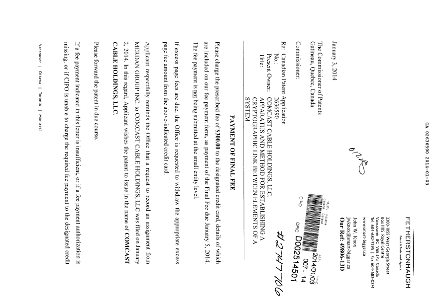 Document de brevet canadien 2636590. Correspondance 20140103. Image 1 de 2