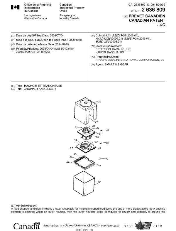 Document de brevet canadien 2636809. Page couverture 20140807. Image 1 de 2