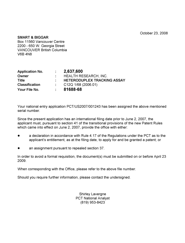 Canadian Patent Document 2637600. Correspondence 20081023. Image 1 of 1