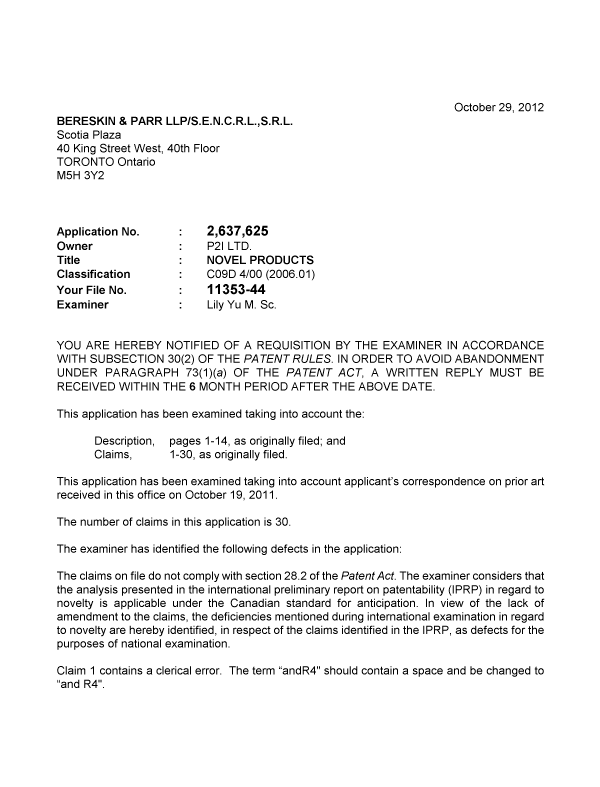 Canadian Patent Document 2637625. Prosecution-Amendment 20121029. Image 1 of 2