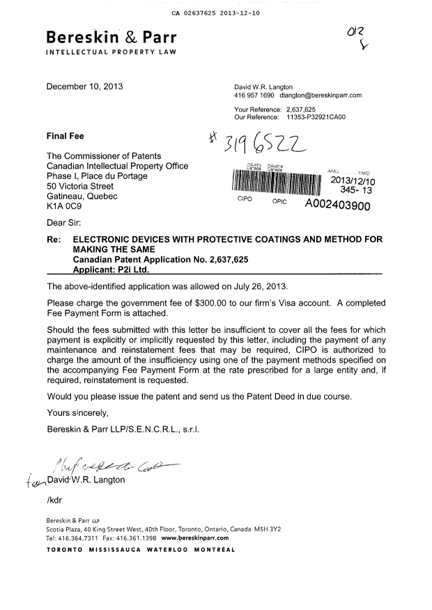 Document de brevet canadien 2637625. Correspondance 20131210. Image 1 de 1