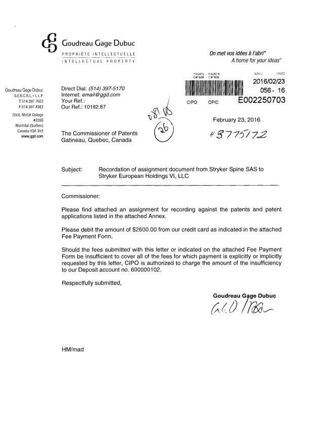 Document de brevet canadien 2637684. Cession 20160223. Image 1 de 31