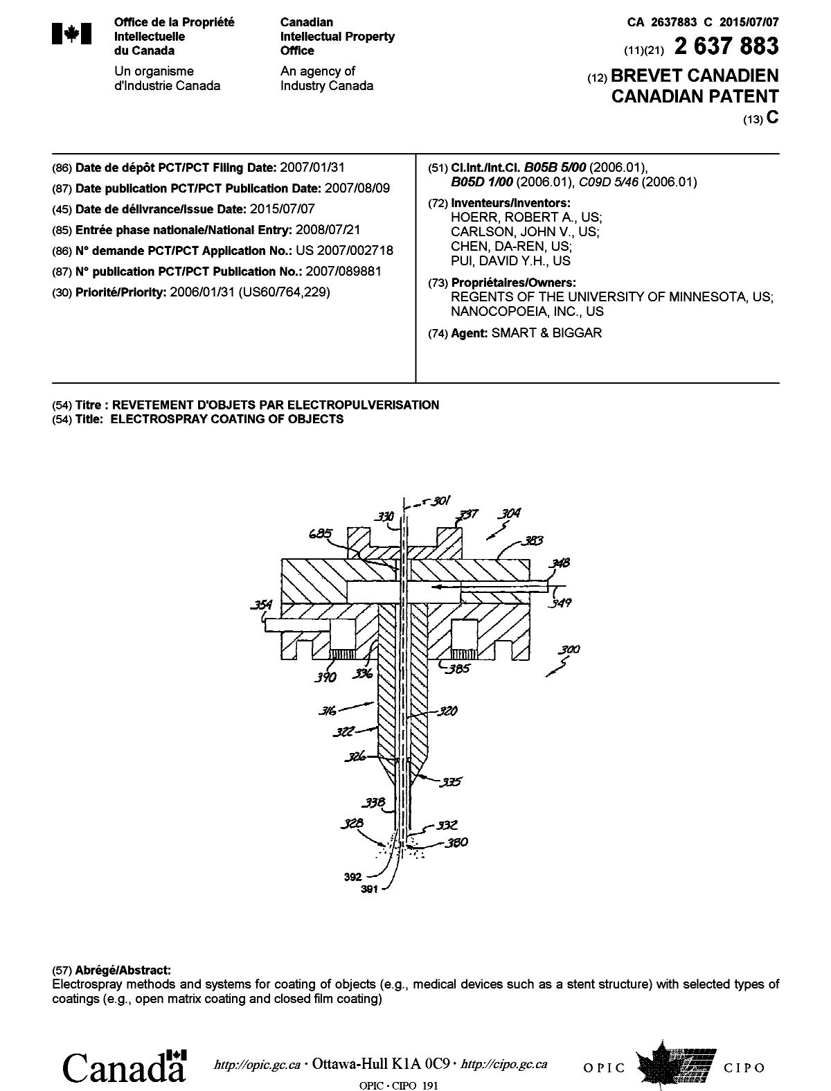 Canadian Patent Document 2637883. Cover Page 20150619. Image 1 of 1