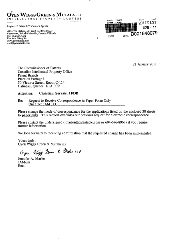 Canadian Patent Document 2638520. Correspondence 20110121. Image 1 of 2
