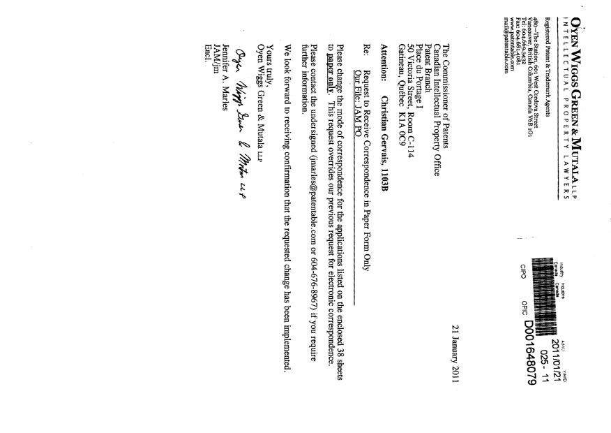 Canadian Patent Document 2638520. Correspondence 20110121. Image 1 of 2