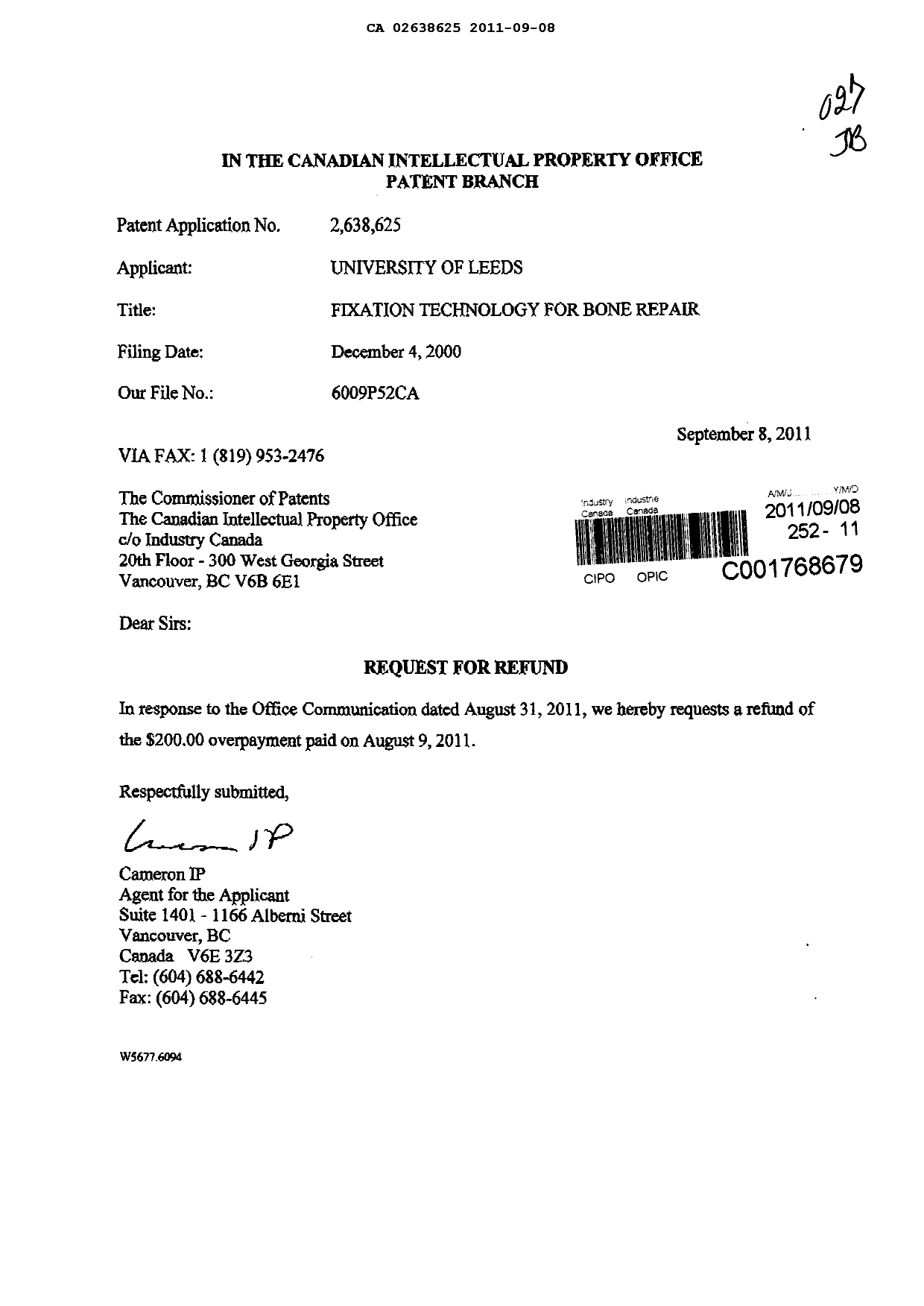Canadian Patent Document 2638625. Prosecution-Amendment 20101208. Image 1 of 1
