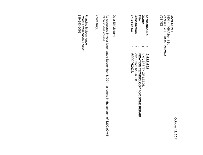 Document de brevet canadien 2638625. Correspondance 20101212. Image 1 de 1
