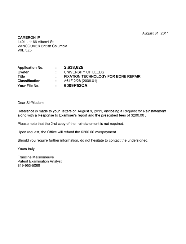 Canadian Patent Document 2638625. Correspondence 20101231. Image 1 of 1