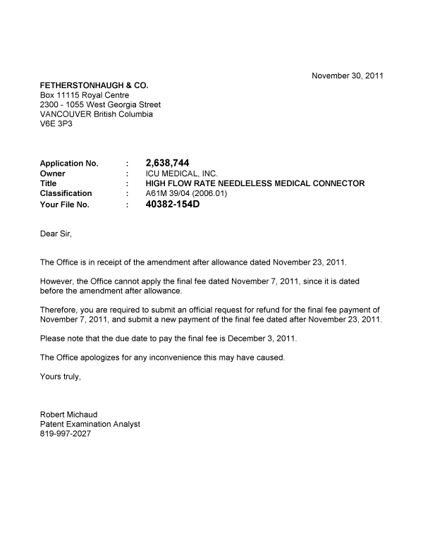 Canadian Patent Document 2638744. Correspondence 20111130. Image 1 of 1