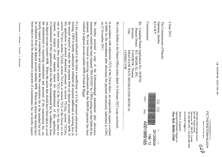 Canadian Patent Document 2638744. Prosecution-Amendment 20120604. Image 1 of 4