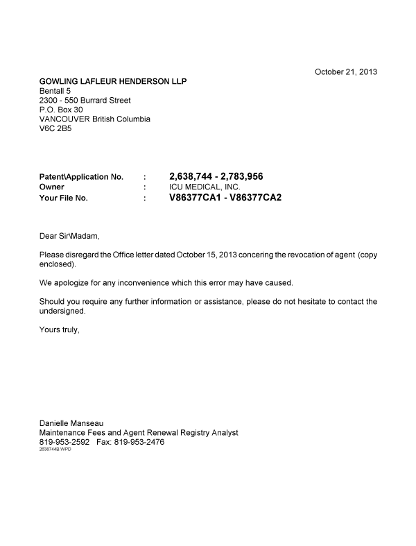 Document de brevet canadien 2638744. Correspondance 20131021. Image 1 de 1