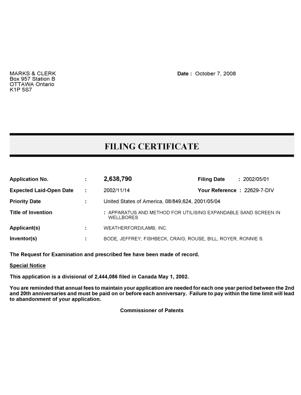 Canadian Patent Document 2638790. Correspondence 20081003. Image 1 of 1